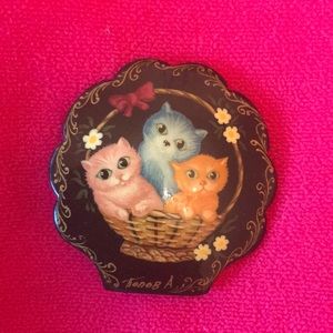 Hand painted Russian brooch with cats. Rare.